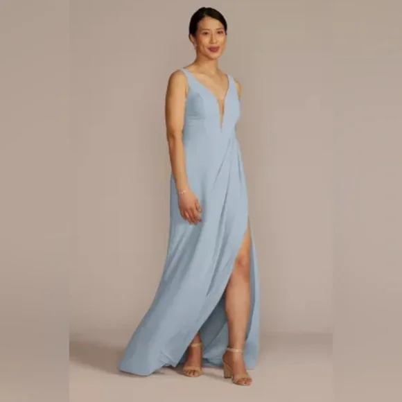 David's Bridal | Dresses | Davids Bridal Chiffon Illusion Cutout Bridesmaid  Dress In Dusty Blue | Poshmark